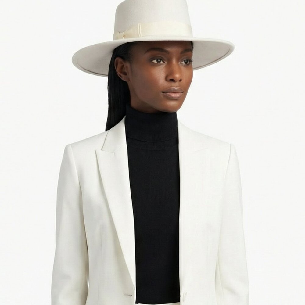 Wide Brim Boater Hat in Faux Felt - Structured Hat with Ribbon White - Picture 4 of 6